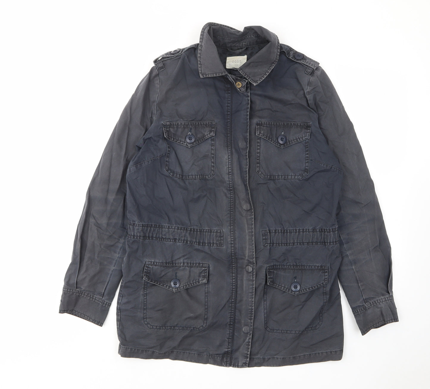 Oasis Womens Blue Military Jacket Jacket Size 12 Zip - Buttons, Collared, Tie