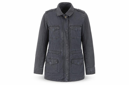 Front view of Oasis women’s blue military jacket jacket, size UK 12, zip - buttons, collared, tie