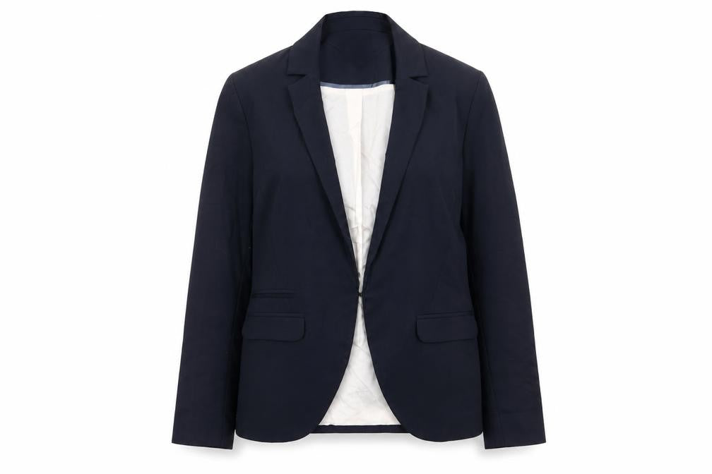 Front view of Topshop women’s blue jacket blazer, size UK 10, hook & eye