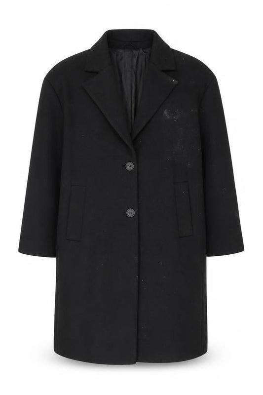 Front view of ASOS women’s black overcoat coat, size UK 18, button - pockets
