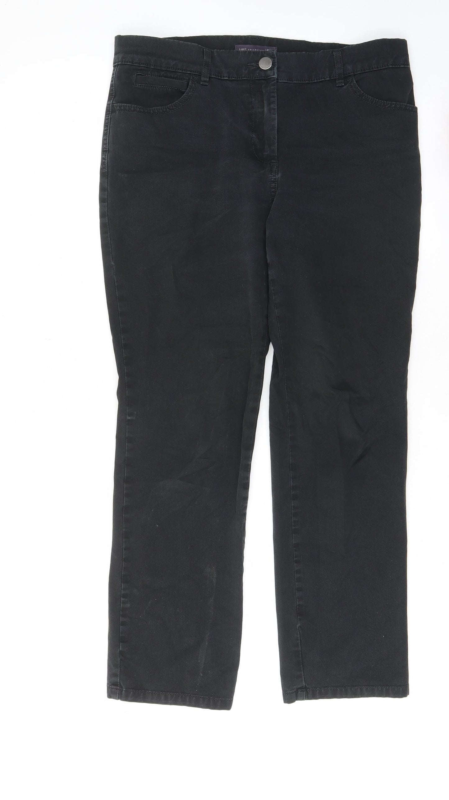 Marks and Spencer Womens Black Cotton Chino Trousers Size 12 L27 in Regular Zip - Pockets, Belt Loops