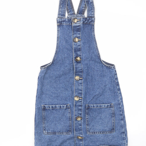 Denim & Co. Womens Blue Cotton Pinafore/Dungaree Dress Size 4 Square Neck Button - Pockets