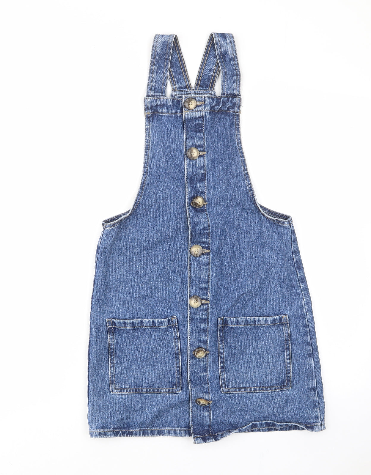Denim & Co. Womens Blue Cotton Pinafore/Dungaree Dress Size 4 Square Neck Button - Pockets