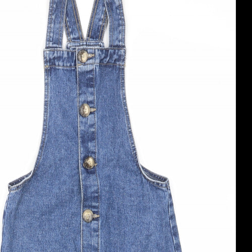 Denim & Co. Womens Blue Cotton Pinafore/Dungaree Dress Size 4 Square Neck Button - Pockets
