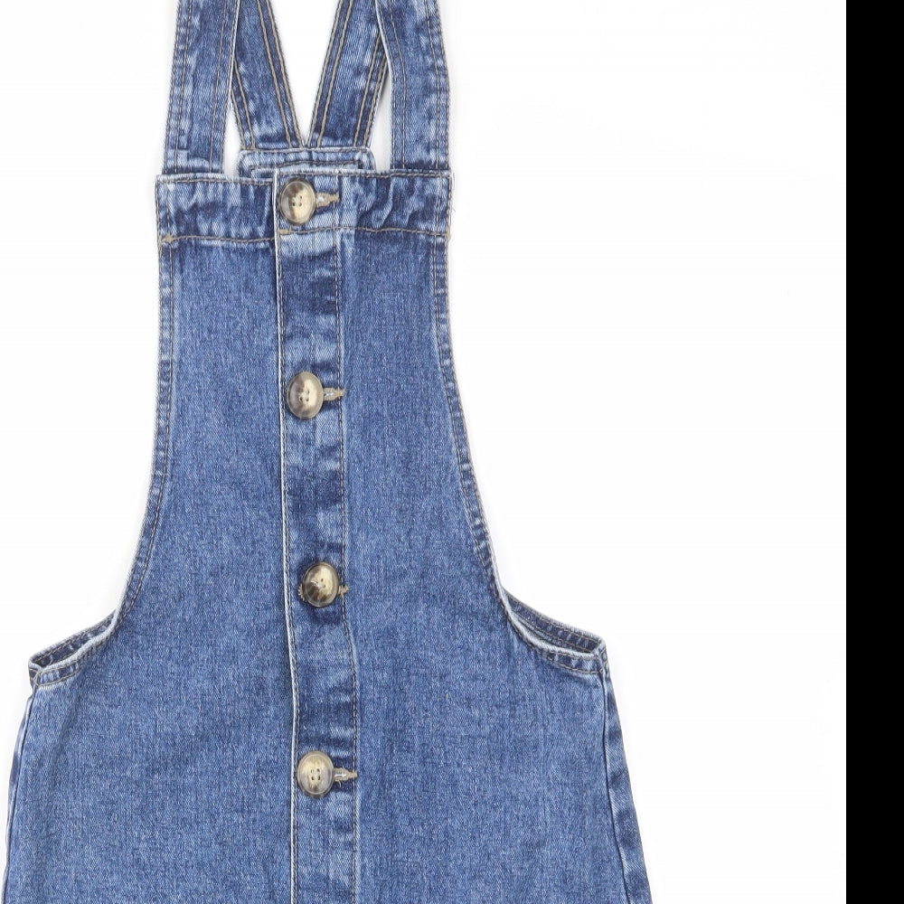 Denim & Co. Womens Blue Cotton Pinafore/Dungaree Dress Size 4 Square Neck Button - Pockets