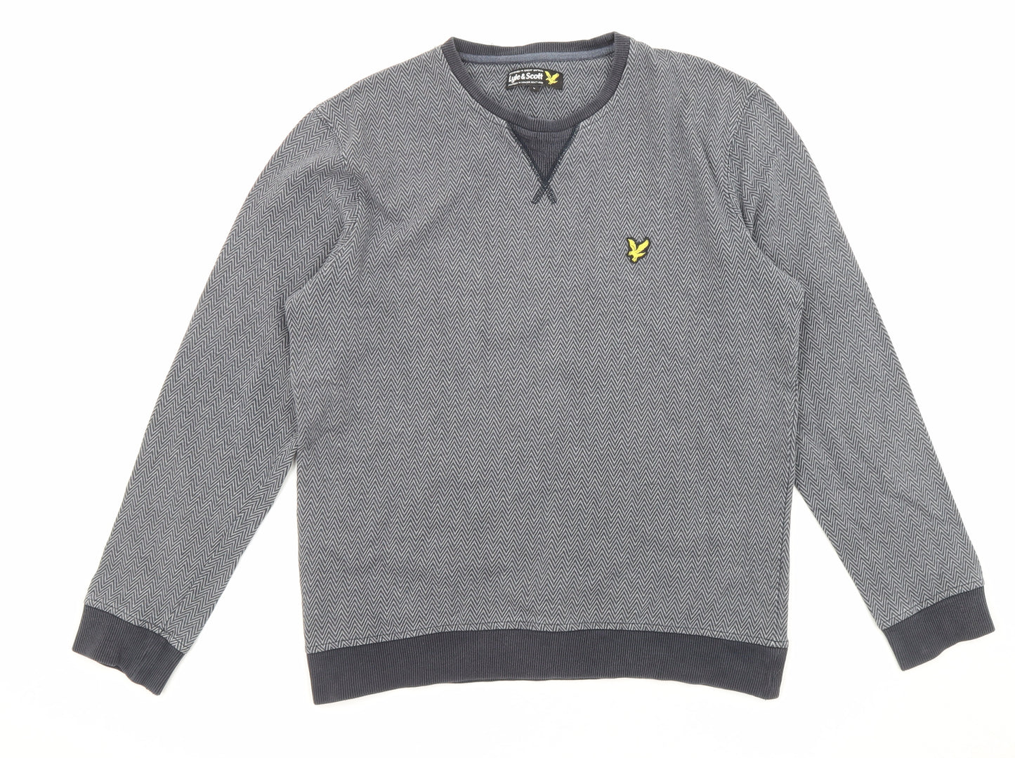 Lyle & Scott Mens Grey Herringbone Cotton Pullover Sweatshirt Size L - Logo embroidery