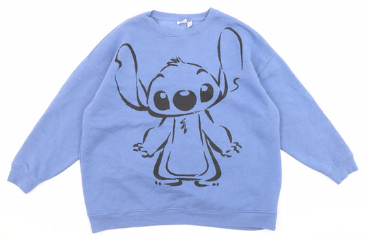 Front view of Disney women’s blue cotton pullover sweatshirt, size UK 12, pullover - stitch, size UK 12-14