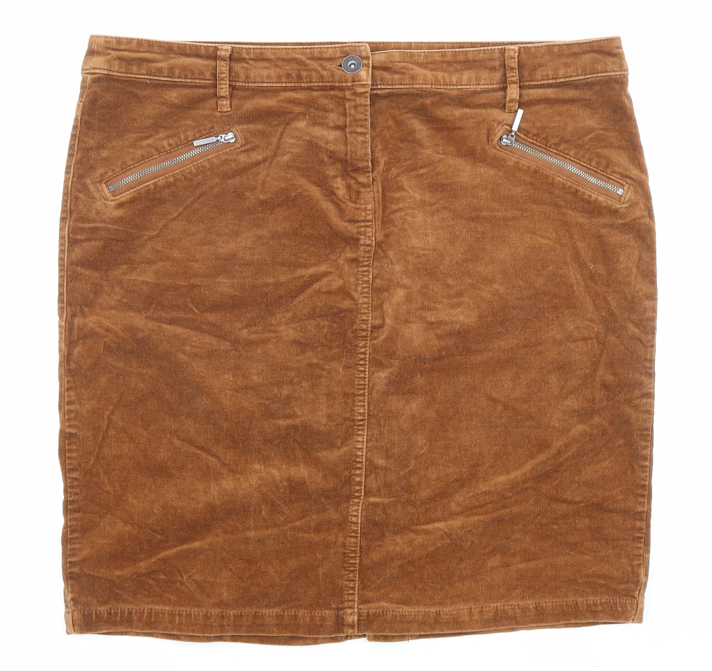 NEXT Womens Brown Cotton A-Line Skirt Size 16 Zip - Pockets