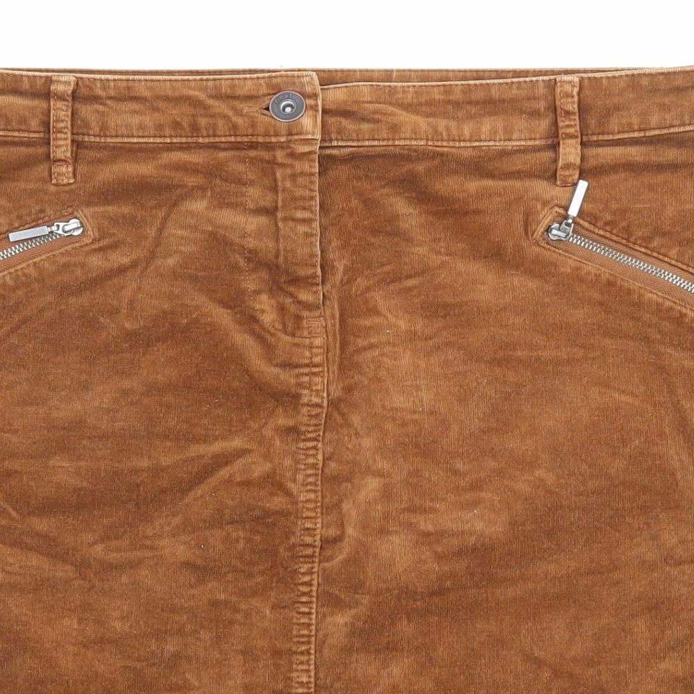 NEXT Womens Brown Cotton A-Line Skirt Size 16 Zip - Pockets
