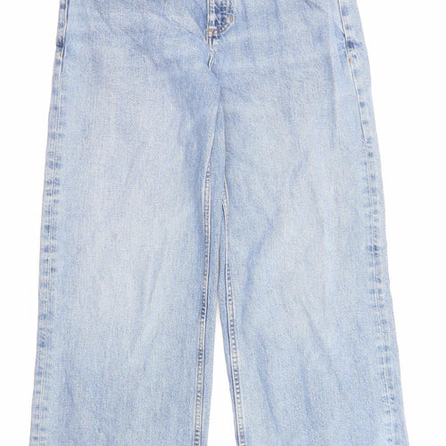 Marks and Spencer Womens Blue Cotton Wide-Leg Jeans Size 12 L28 in Regular Zip - Pockets