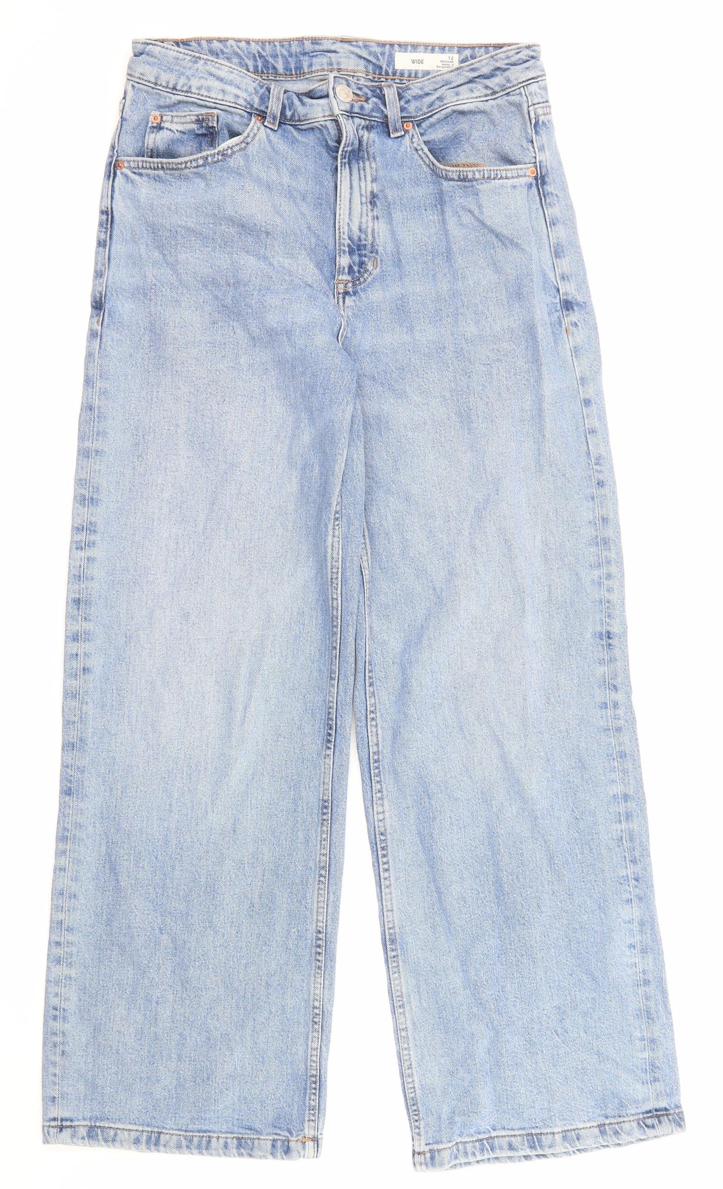 Marks and Spencer Womens Blue Cotton Wide-Leg Jeans Size 12 L28 in Regular Zip - Pockets