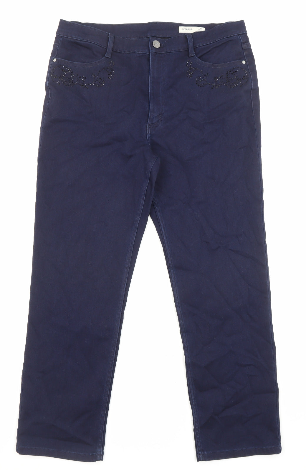 Marks and Spencer Womens Blue Cotton Straight Jeans Size 16 L27 in Regular Zip - Embellishment detail, Pockets