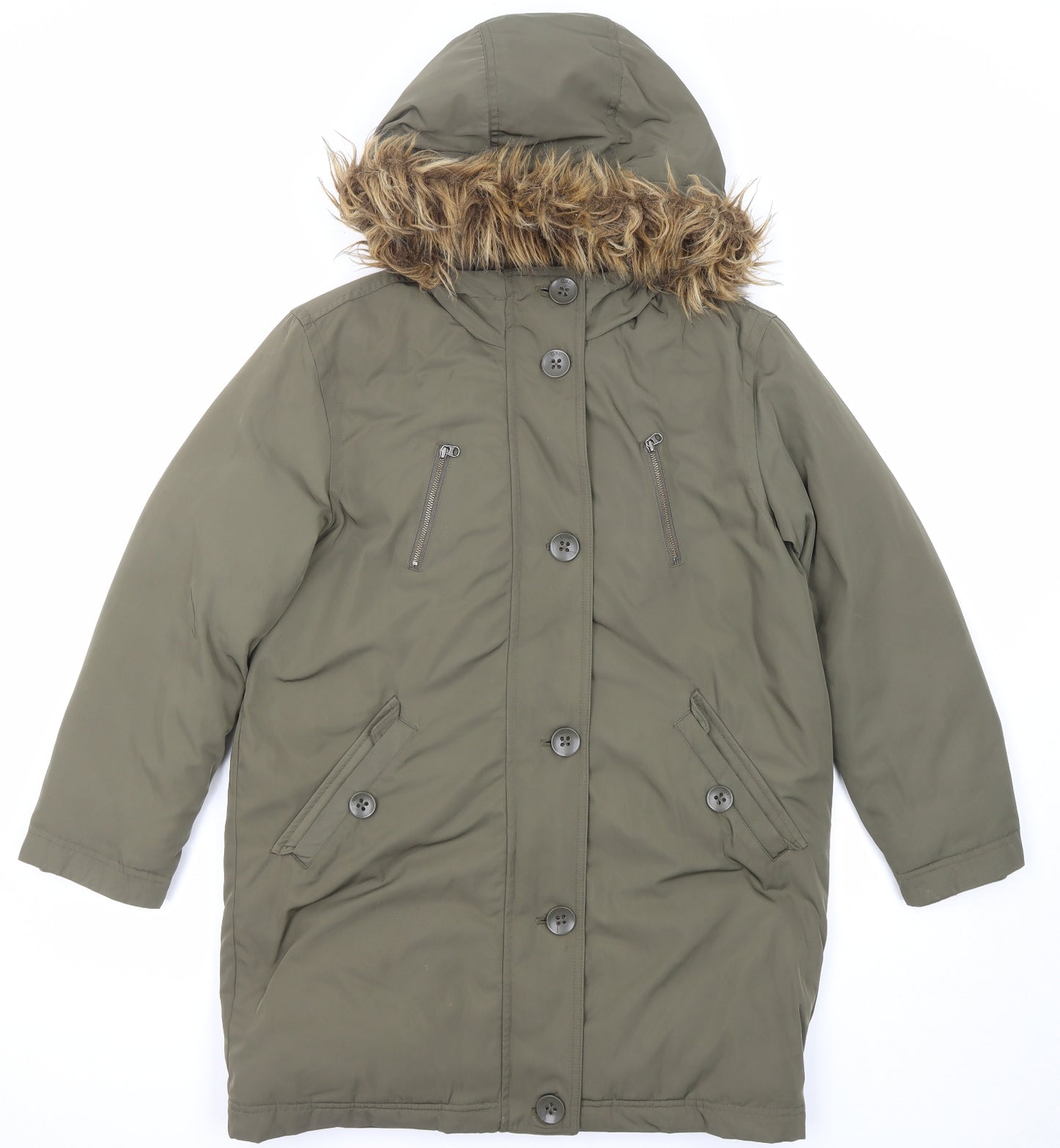 Gap Girls Green Overcoat Coat Size 13 Years Zip - Pocket, fur trim on hood