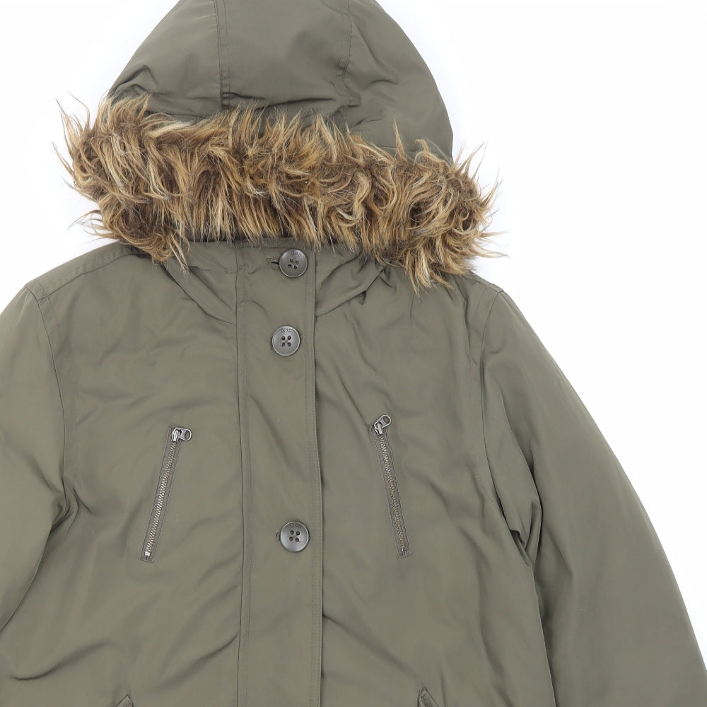 Gap Girls Green Overcoat Coat Size 13 Years Zip - Pocket, fur trim on hood