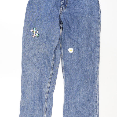 Monki Womens Blue Cotton Straight Jeans Size 26 L29 in Regular Zip - Embroidery, Flowers, Butterfly