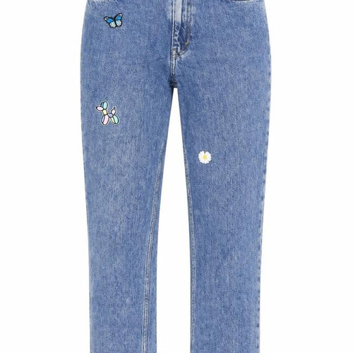 Monki Womens Blue Cotton Straight Jeans Size 26 L29 in Regular Zip - Embroidery, Flowers, Butterfly