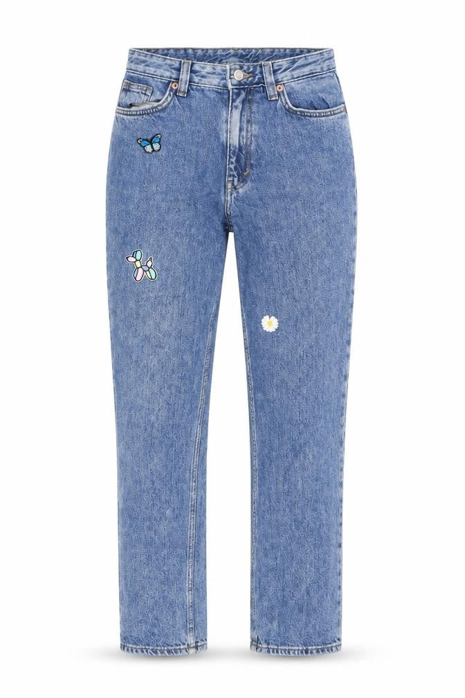 Monki Womens Blue Cotton Straight Jeans Size 26 L29 in Regular Zip - Embroidery, Flowers, Butterfly
