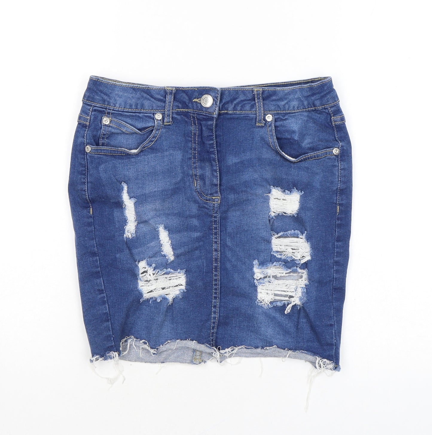 Boohoo Womens Blue Cotton Mini Skirt Size 10 Zip - Distressed
