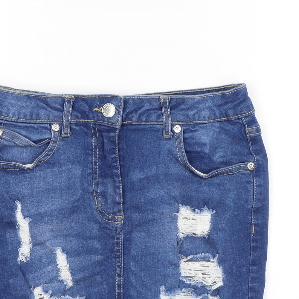 Boohoo Womens Blue Cotton Mini Skirt Size 10 Zip - Distressed