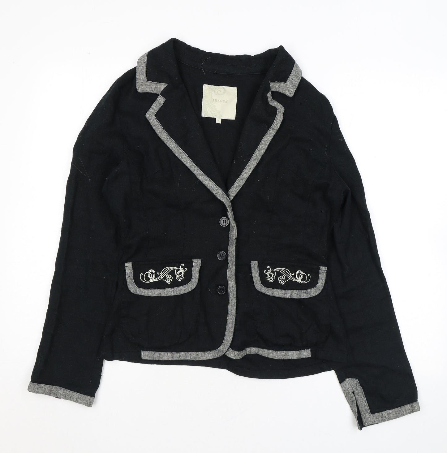 Fransa Womens Black Jacket Blazer Size M Button - Embroidery Flowers