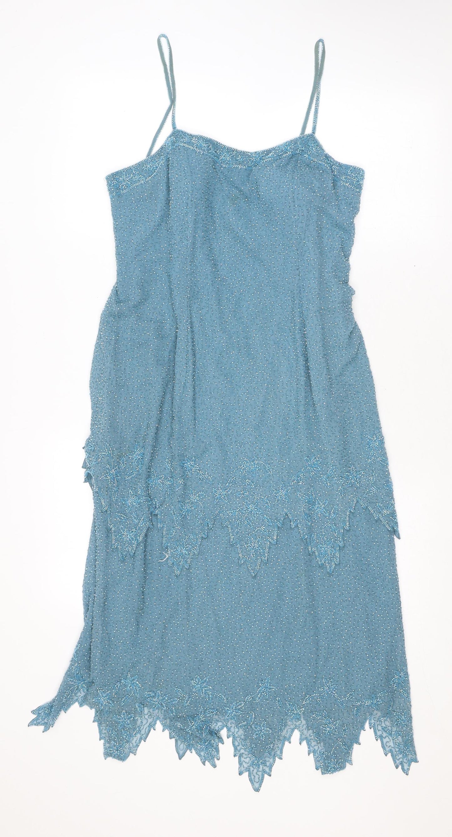 Serenade Womens Blue Silk Fit & Flare Size 12 V-Neck Zip - Beading