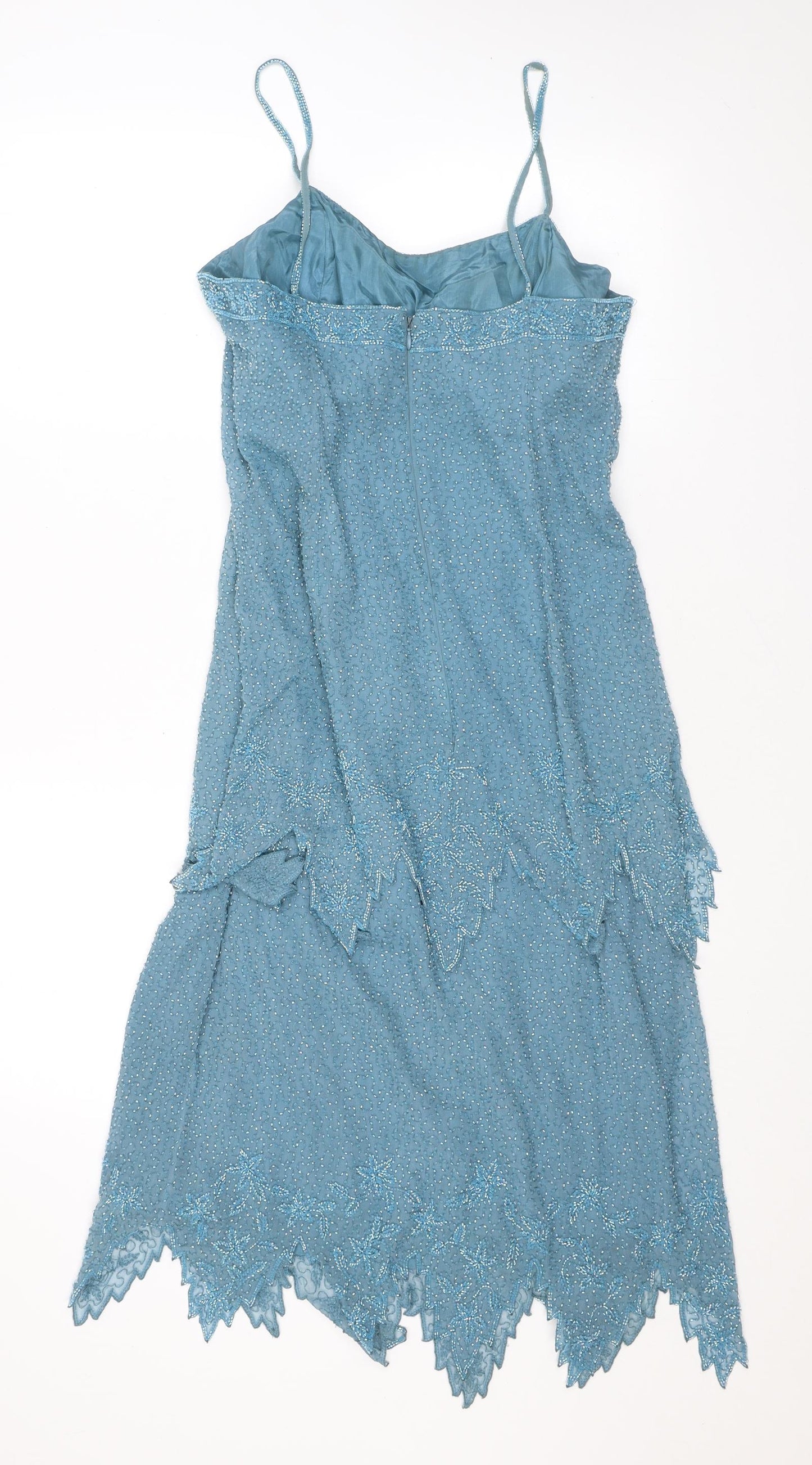 Serenade Womens Blue Silk Fit & Flare Size 12 V-Neck Zip - Beading