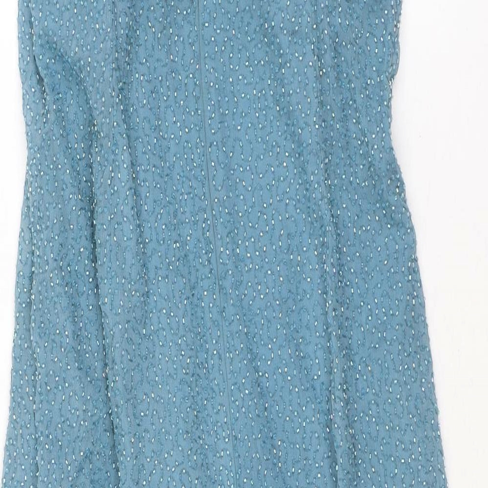 Serenade Womens Blue Silk Fit & Flare Size 12 V-Neck Zip - Beading