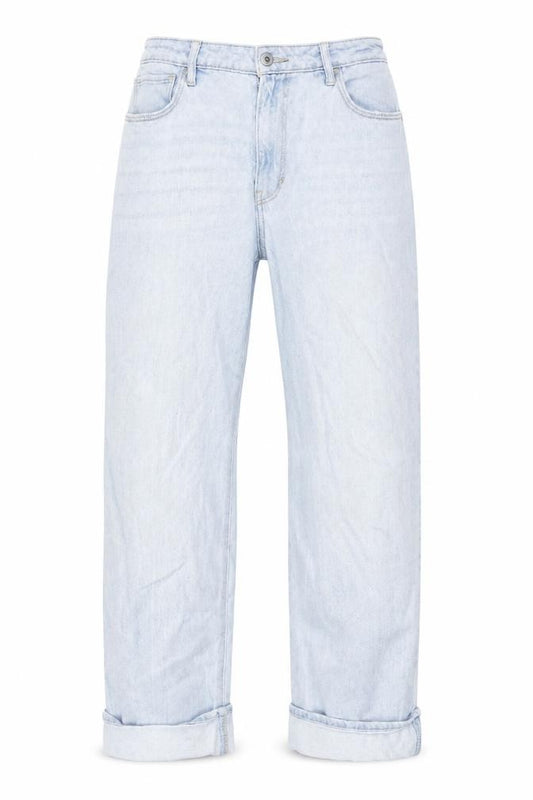 Front view of Hollister women’s blue cotton boyfriend jeans, size UK 26, 26-inch leg regular zip
