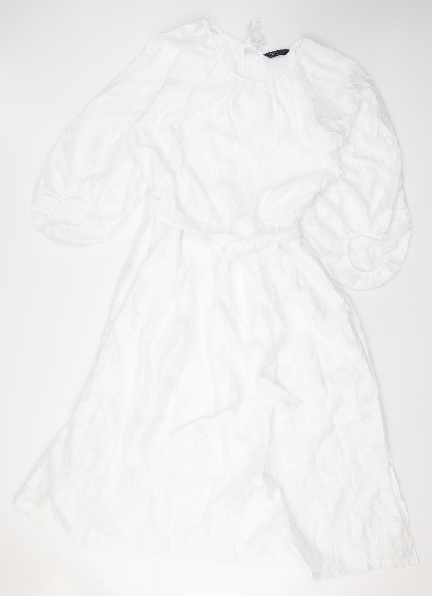 Marks and Spencer Womens White Floral Polyester A-Line Size 14 Round Neck Zip - Balloon Sleeves