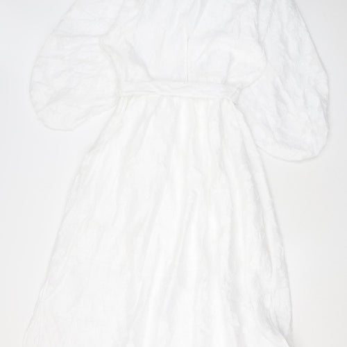 Marks and Spencer Womens White Floral Polyester A-Line Size 14 Round Neck Zip - Balloon Sleeves