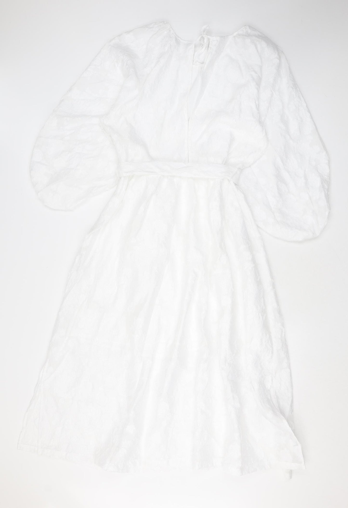 Marks and Spencer Womens White Floral Polyester A-Line Size 14 Round Neck Zip - Balloon Sleeves