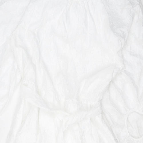 Marks and Spencer Womens White Floral Polyester A-Line Size 14 Round Neck Zip - Balloon Sleeves
