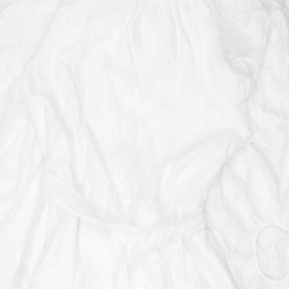 Marks and Spencer Womens White Floral Polyester A-Line Size 14 Round Neck Zip - Balloon Sleeves