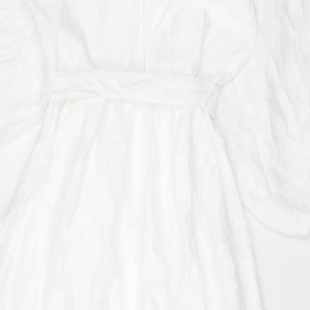 Marks and Spencer Womens White Floral Polyester A-Line Size 14 Round Neck Zip - Balloon Sleeves