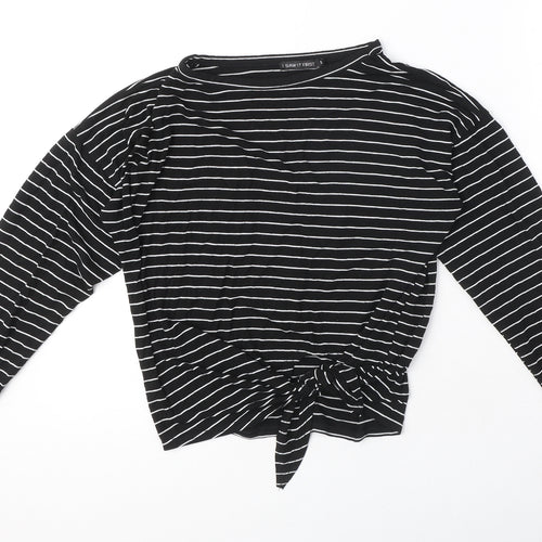 I SAW IT FIRST Womens Black Striped Viscose Basic T-Shirt Size S Round Neck - Bow Detail