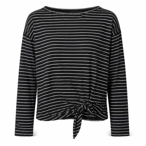 I SAW IT FIRST Womens Black Striped Viscose Basic T-Shirt Size S Round Neck - Bow Detail