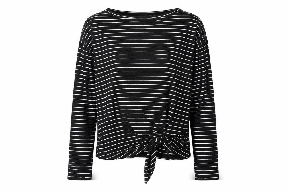 I SAW IT FIRST Womens Black Striped Viscose Basic T-Shirt Size S Round Neck - Bow Detail
