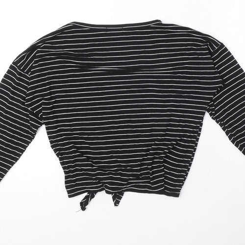 I SAW IT FIRST Womens Black Striped Viscose Basic T-Shirt Size S Round Neck - Bow Detail
