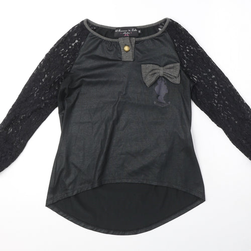 El Armario de Suhi Womens Black Polyester Basic Blouse Size XS Round Neck - Lace Sleeves, Bow Detail