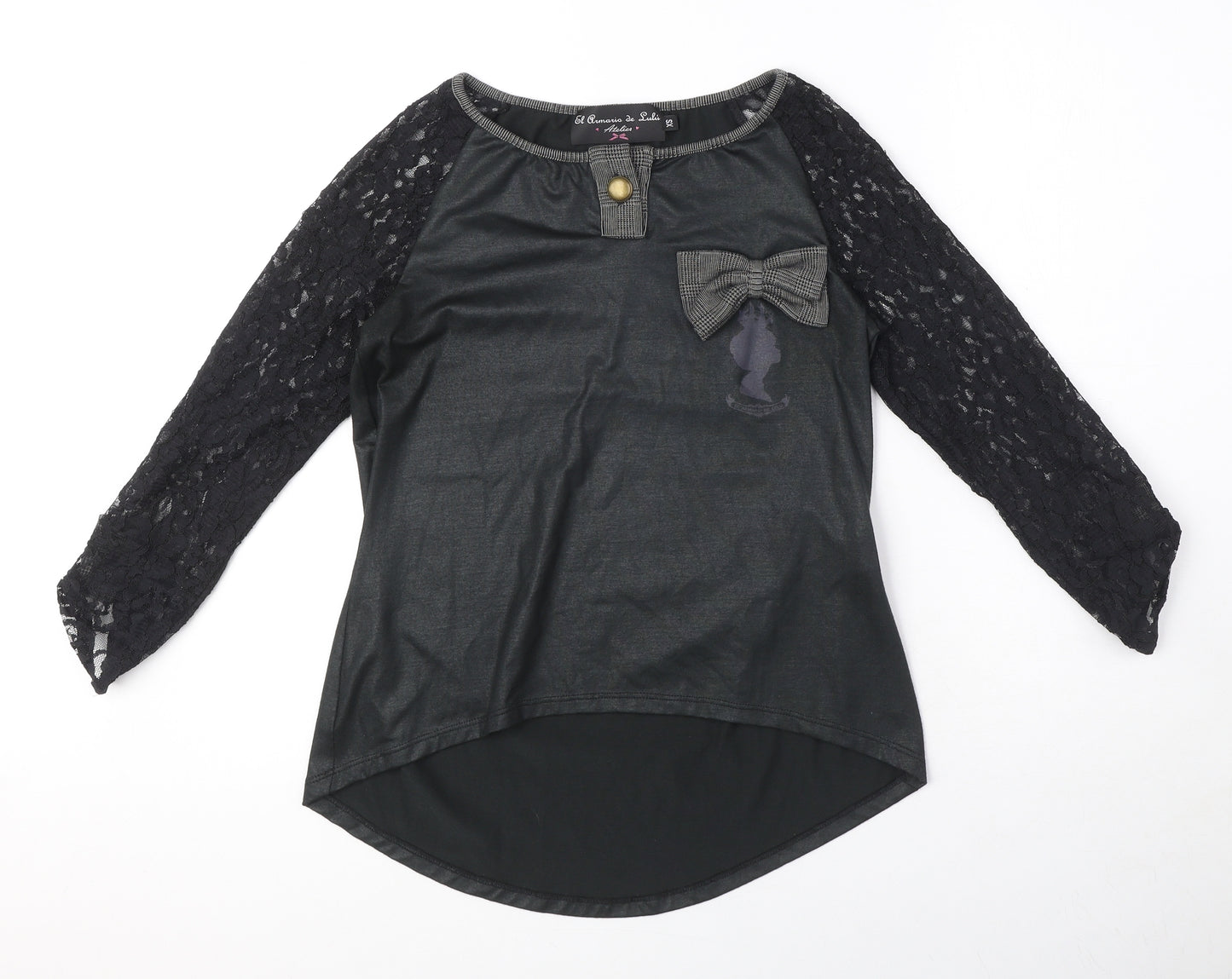 El Armario de Suhi Womens Black Polyester Basic Blouse Size XS Round Neck - Lace Sleeves, Bow Detail