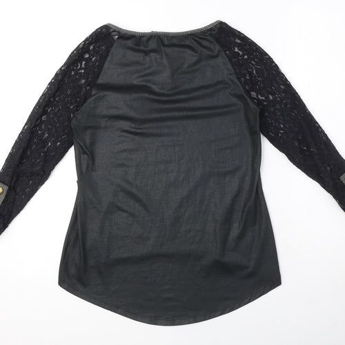 El Armario de Suhi Womens Black Polyester Basic Blouse Size XS Round Neck - Lace Sleeves, Bow Detail