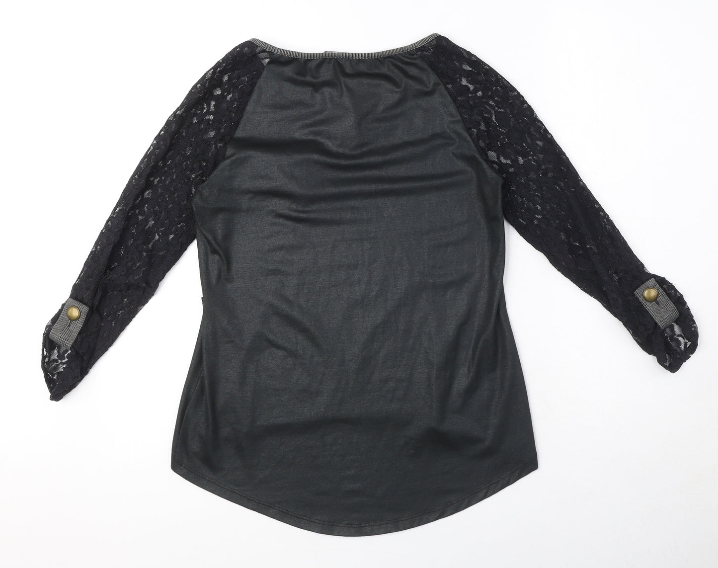El Armario de Suhi Womens Black Polyester Basic Blouse Size XS Round Neck - Lace Sleeves, Bow Detail