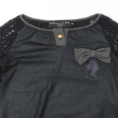 El Armario de Suhi Womens Black Polyester Basic Blouse Size XS Round Neck - Lace Sleeves, Bow Detail