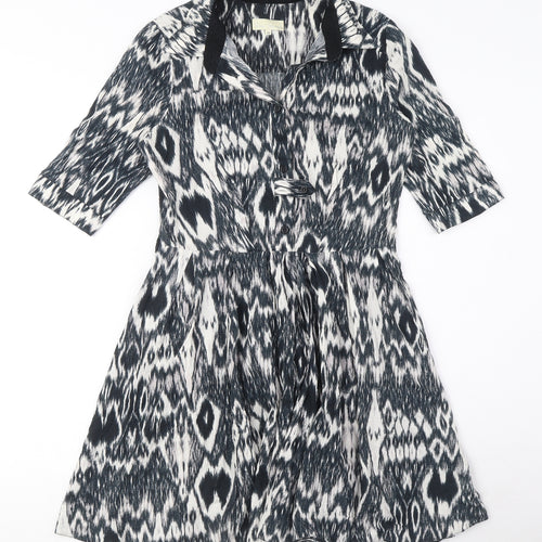 River Island Womens Blue Geometric Cotton A-Line Size 10 Collared Zip