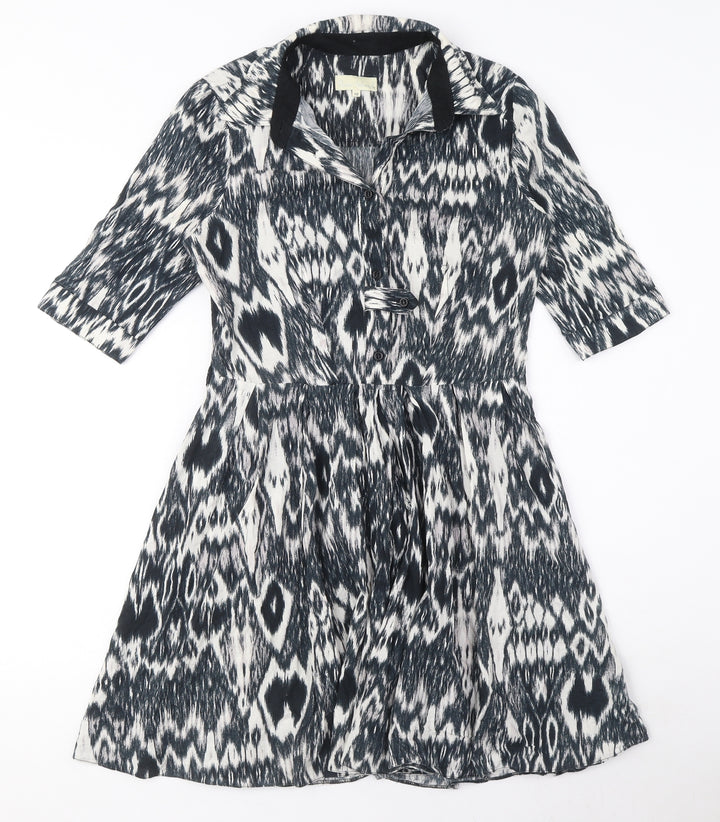 River Island Womens Blue Geometric Cotton A-Line Size 10 Collared Zip