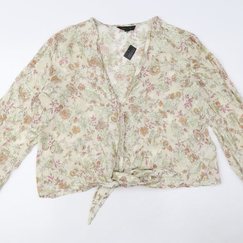 New Look Womens Beige Floral Viscose Cropped Blouse Size 12 V-Neck - Bow Detail, Sheer