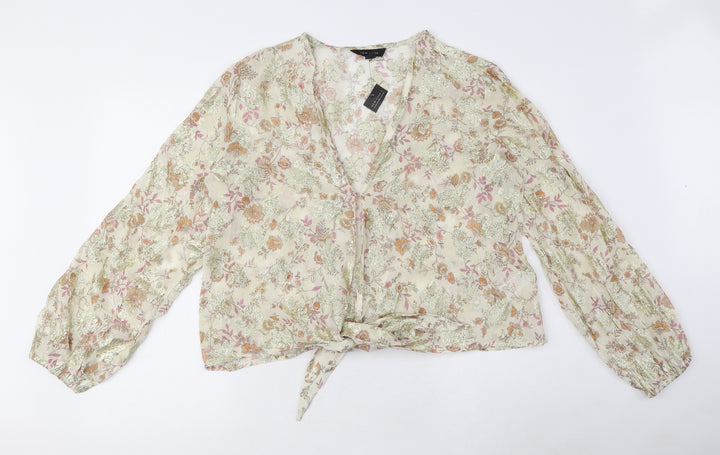New Look Womens Beige Floral Viscose Cropped Blouse Size 12 V-Neck - Bow Detail, Sheer