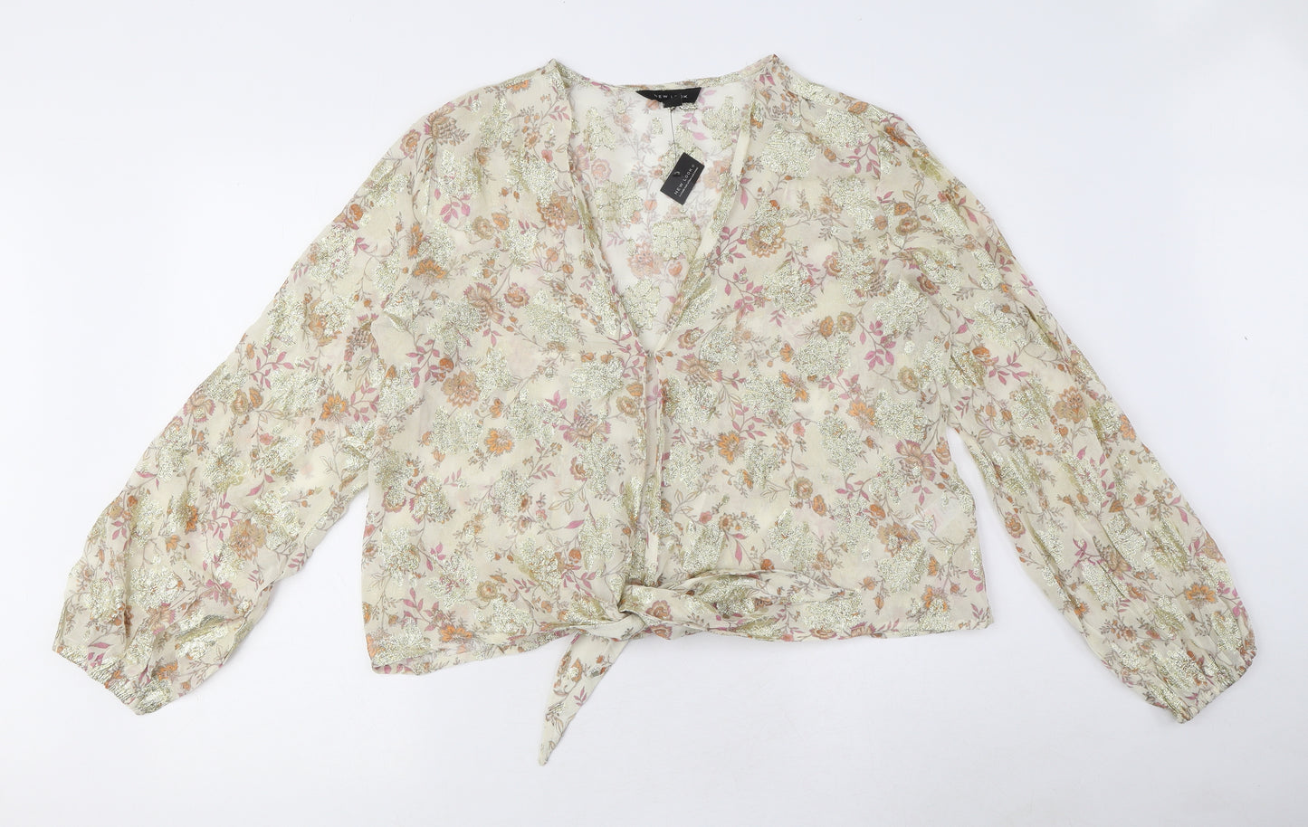 New Look Womens Beige Floral Viscose Cropped Blouse Size 12 V-Neck - Bow Detail, Sheer
