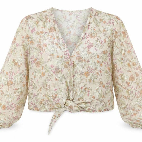 New Look Womens Beige Floral Viscose Cropped Blouse Size 12 V-Neck - Bow Detail, Sheer