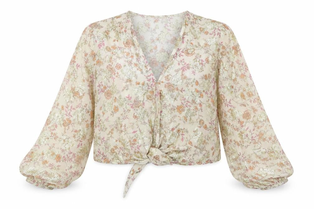New Look Womens Beige Floral Viscose Cropped Blouse Size 12 V-Neck - Bow Detail, Sheer
